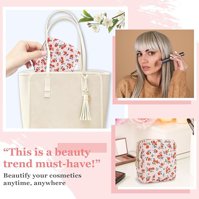 Nylon Mini Floral Makeup Bag for Purse, Small Cute Pink Makeup Bag Preppy Flower Cosmetic Zipper Pouch, Waterproof Travel Coin Pouch Sanitary Napkin Storage Bag Makeup Organizer for Women(Pink-Floral)