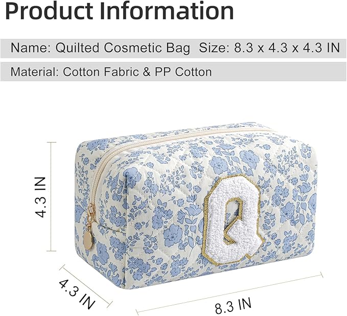 Gleyemor Personalized Initial Makeup Bag for Women, Cute Quilted Blue Floral Cotton Cosmetic Bag, Christmas Gifts for Her Mom Friend Sister Bridesmaid Teacher Women Q