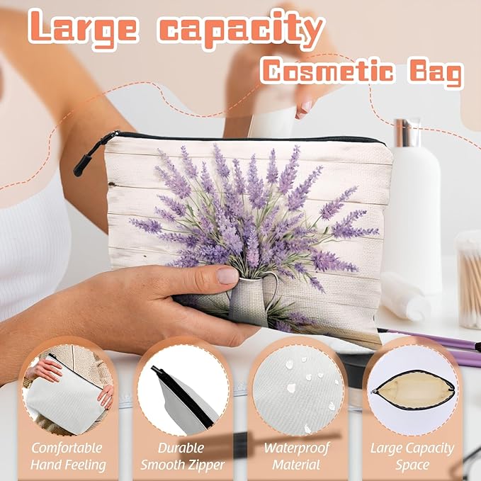 Cosmetic Bags Travel Makeup Toilet Case Waterproof Pouch for Women Girls 6.7X9.45inches - Lavender in A White Pitcher on A White - Wood Background