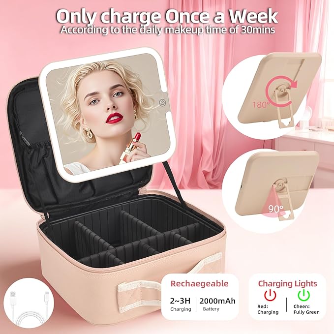 Travel Makeup Bag with LED Mirror,Removable Mirror with 3 Color Modes,Portable makeup travel organizer for Women,Makeup Case with 8 Adjustable EVA Dividers,Cosmetic Train Case with Lighted Mirror