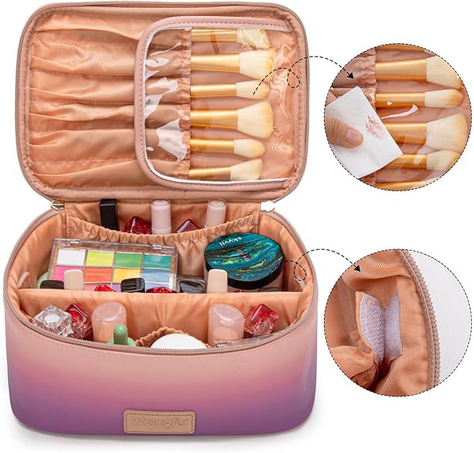 Montana West X Wrangler Travel Makeup Bag 2pcs Set Large Cosmetic Bag with Makeup Brush Holder Portable Make Up Organizer Cute Toiletry Bag with Divider and Handle for Women Gradient