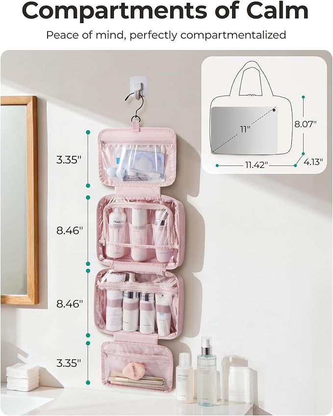 BAGSMART Travel Toiletry Bag for women, Portable Hanging Hook Makeup Bag Organizer, Waterproof Makeup Cosmetic Bag, for Full-Size Accessories, Toiletries, Pink