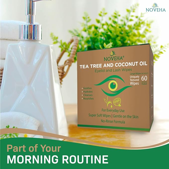 NOVEHA 60PCs Tea Tree & Coconut Oil Eyelid & Lash Wipes - For Demodex, Blepharitis & Itchy Eyes, Individually Wrapped Eyelash Wipes With Aloe Vera, Natural Makeup Remover & Daily Eye Cleanser