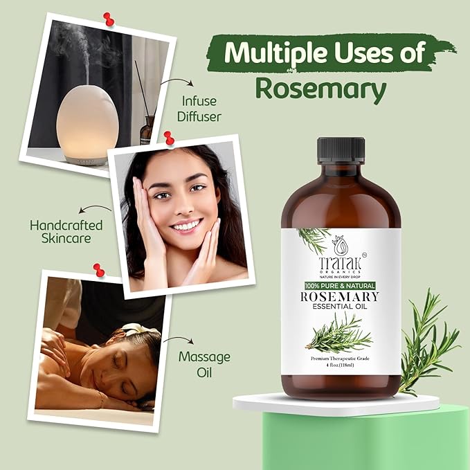 Rosemary Essential Oil 4 Fl Oz - 100% Pure and Natural Oil with Premium Dropper - Premium Therapeutic Grade Essential Oil for Hair Care, Hair Oiling, Scalp Massage and Aromatherapy