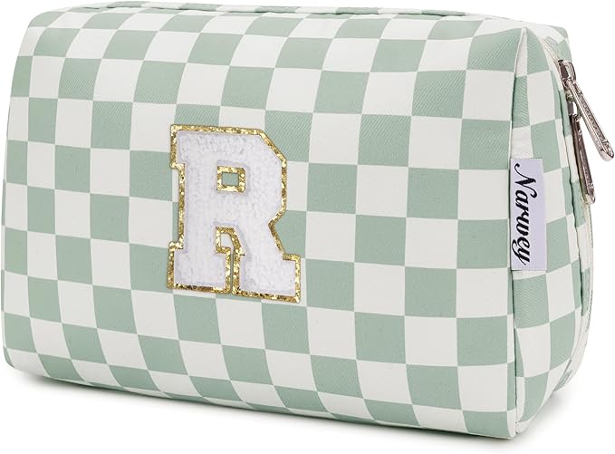 Narwey Birthday Gifts for Teen Girls Women Personalized Initial Checkered Makeup Bag Preppy Cosmetic Bag Trendy Stuff 6 8 10 11 12 13 14 16 18 Years Old Travel Toiletry Bag (Green Letter R)