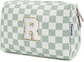 Narwey Birthday Gifts for Teen Girls Women Personalized Initial Checkered Makeup Bag Preppy Cosmetic Bag Trendy Stuff 6 8 10 11 12 13 14 16 18 Years Old Travel Toiletry Bag (Green Letter R)