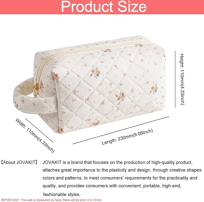 JOVAKIT Travel Makeup Bag Cosmetic Bag for Women, Christmas Gifts, Small Floral Flowers Coquette Toiletry Bag with Handle, Zipper Make Up Pouch Organizer Bag Trendy Stuff (Beige Floral)