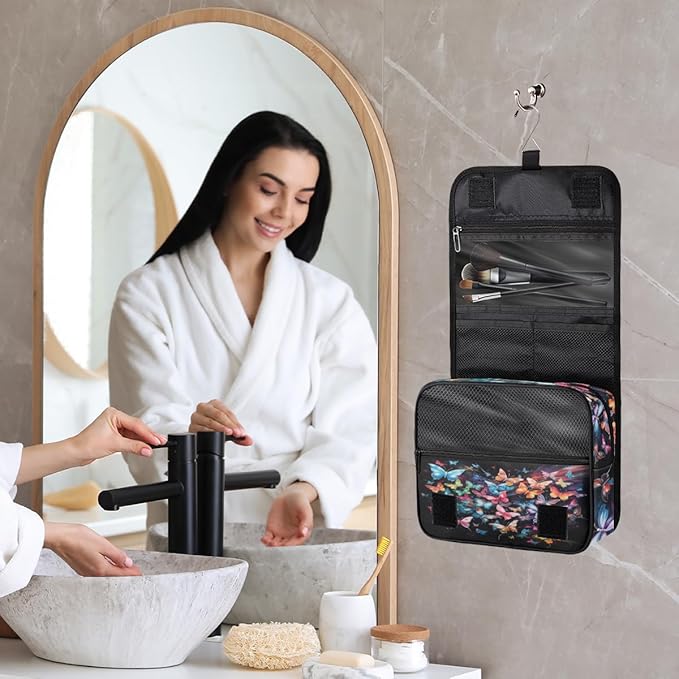 Hanging Travel Toiletry Bag for Women Men Colorful Butterfly Waterproof Makeup Bag Animal Butterfly Portable Cosmetic Bag Travel Essentials for Traveling Accessories Toiletries Bathroom Shower