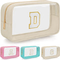 Personalized Initial Clear Makeup Bag, Travel Chenille Patch Cosmetic Bag, Preppy Toiletry Bag Monogram Cosmetic Pouch with Zipper, Ideal Gift for Teen Girls Women (Clear-Beige, D)