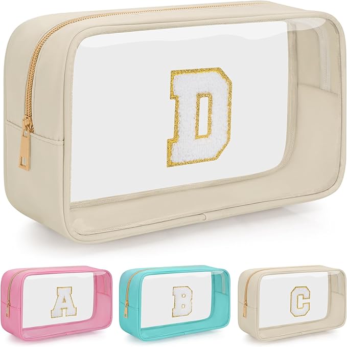 Personalized Initial Clear Makeup Bag, Travel Chenille Patch Cosmetic Bag, Preppy Toiletry Bag Monogram Cosmetic Pouch with Zipper, Ideal Gift for Teen Girls Women (Clear-Beige, D)
