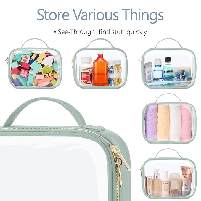 PACKISM TSA Approved Toiletry Bag - Clamshell Closing Clear Makeup Bags with Handle, Laurel Green, Quart-sized Clear Travel Bags for Toiletries, Carry-on Travel Essentials