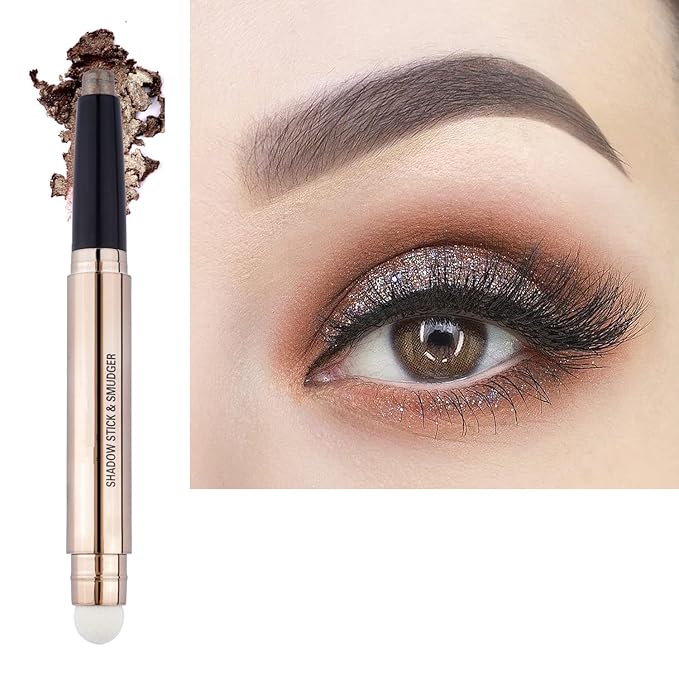 Brown Eyeshadow stick and Sponge Makeup Brush,Smooth Cream Shimmer Eye Shadow Pencil Long Lasting Waterproof Glitter Primer Palette Hypoallergenic Highlighter eyes Look