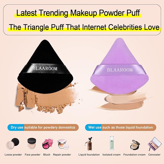 BLAAROOM 12 Pieces Velour Pure Cotton Powder Puff Face Makeup Triangle Powder Puffs for Loose Powder Wet Dry Cosmetic Foundation Beauty Sponge Makeup Tools -Black & Purple