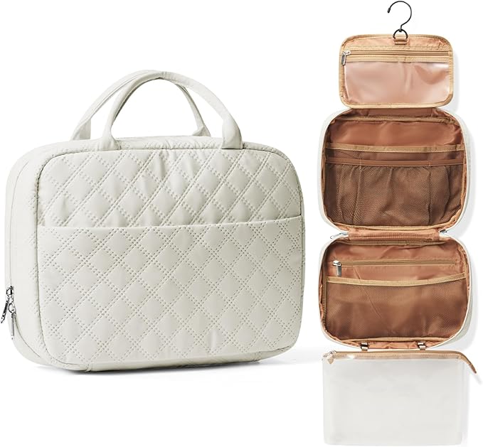 Travel Toiletry Bag For Women Small Hanging Toiletry Travel Makeup Bag lightweight Water-Resistant Toiletries Organizer case portable Cosmetic Bags For Women Beige
