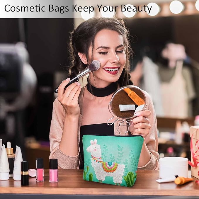 Makeup Bag Llama Makeup Bags For Purse Pouch, Funny Llama Alpaca Cactus Floral Green Travel Toiletry Bag Cosmetic Bag Makeup Bags Flax Makeup Organizer Bag Pencil Pouch For Man Woman