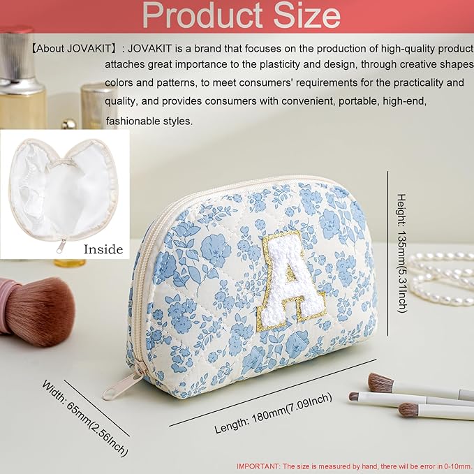 JOVAKIT Conch Alphabet Makeup Bag Cosmetic Bag for Women, Christmas Gifts for Women Girls, Blue Floral Coquette Travel Bag, Zipper Make Up Pouch Organizer Trendy Stuff (Blue Floral A)