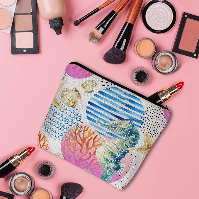 Makeup Bag Seahorse Makeup Bags For Purse Pouch, Sea Animal Coral Reef Seashell Seahorses Travel Toiletry Bag Cosmetic Bag Makeup Bags Flax Makeup Organizer Bag Pencil Pouch For Man Woman