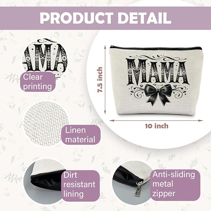 Mama Goth Bow Makeup Bag, Mother's Gifts for Mama Makeup Zipper Pouch, Mom Cosmetic Bags for Women, Mama Mom Gifts from Daughters Sons
