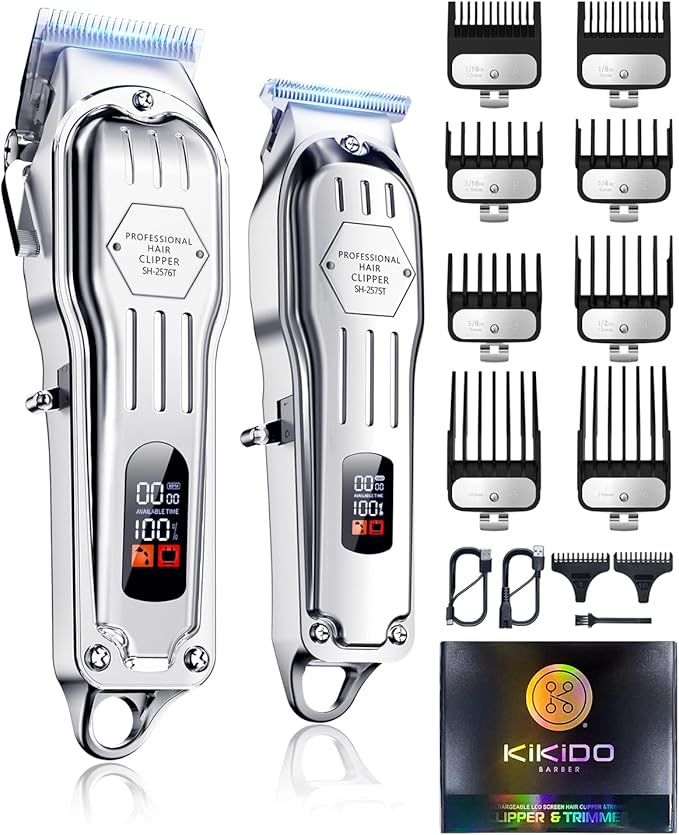 KIKIDO Hair Clippers Professional Cordless for Men, Barber Clippers for Hair Cutting Kit, Wireless LCD Display Hair Trimmers Set, Rechargeable Haircut Machine for Family (Sliver)