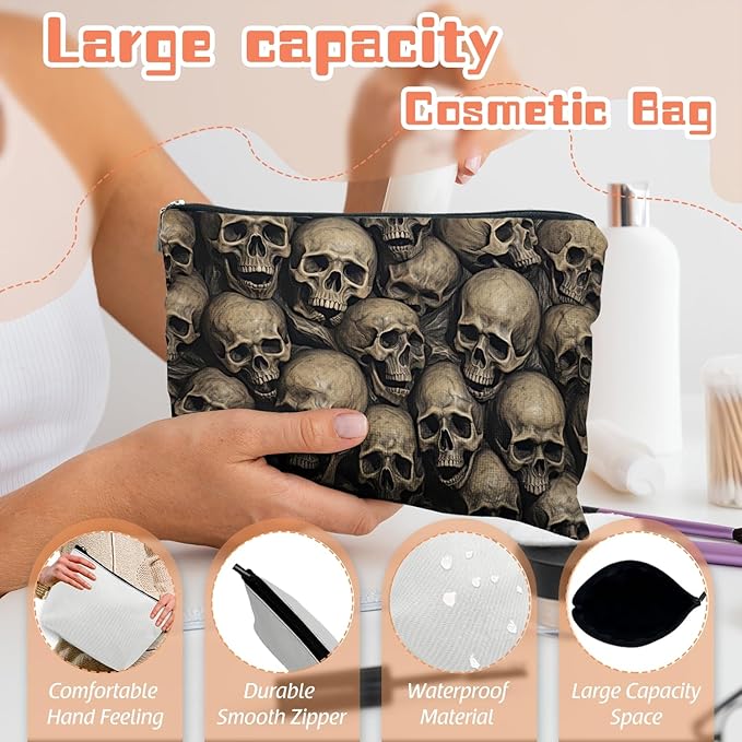 Makeup Bag Travel Cosmetic Bags Small Makeup Case Waterproof Zipper Pouch for Women Girls 7X9inches - Array of Human Skulls in A Dark Setting