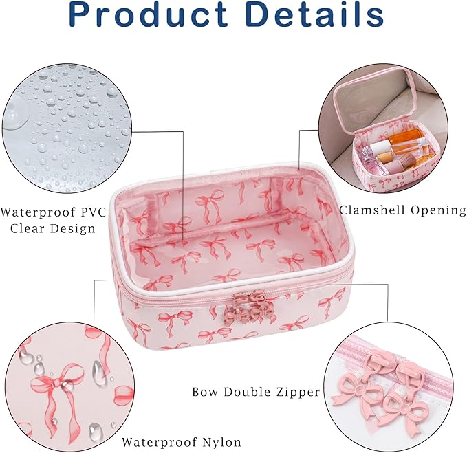 Cute Clear Makeup Bag with Bow Patten,Transparent Nylon Travel Cosmetic Case with Zipper,Portable Makeup Organizer Pouch for Essentials(05Pinkbow-white)