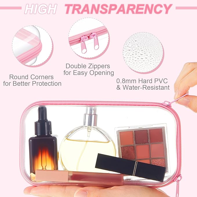 Hoolerry 3 Pcs Clear Hard Zipper Case Plastic Pouch Transparent Hard Case Clear Makeup Bag Portable Travel Organizer Bin for Cosmetics, Building Blocks, Puzzles(Pink,S)