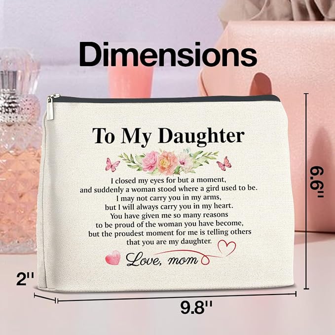 to My Daughter Makeup Bag Gifts from Mom, Gifts for Daughter Christmas Birthday, Daughters Cosmetic Bag Zipper Makeup Pouch