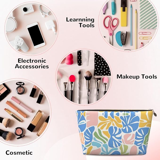 Womens Leather Makeup Bag Cosmetic Bag Travel Toiletry Bags Make Up Bags for Women Adult (Boho-Coral 1)