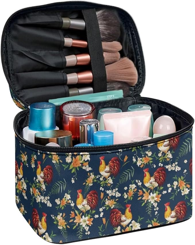 JoyLamoria Chicken Floral Toiletry Bag Case Durable Cosmetic Bag Makeup Box Zipper Pouch