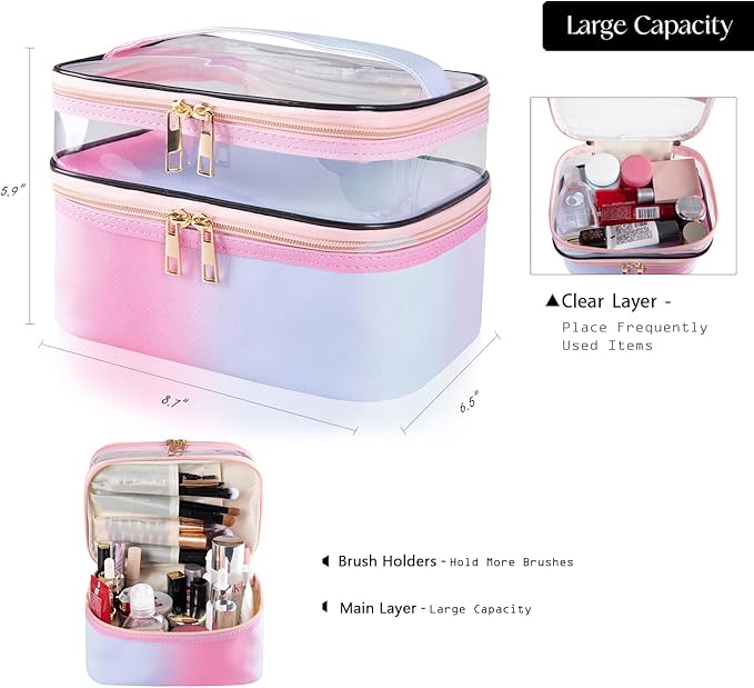 Travel Makeup Bag Cosmetic Bag Makeup Bags for Women Cosmetics Cases Portable Waterproof Foldable (Rainbow Pink)