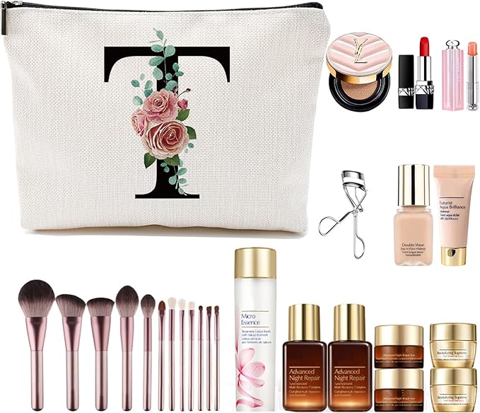 Initial A-Z Personalized Letter Makeup Bag, Monogrammed Bridesmaid Gifts Presents Cosmetic Bag, Portable Stationary Storage Organizer Pouch, Friendship Love Travel Makeup Bags