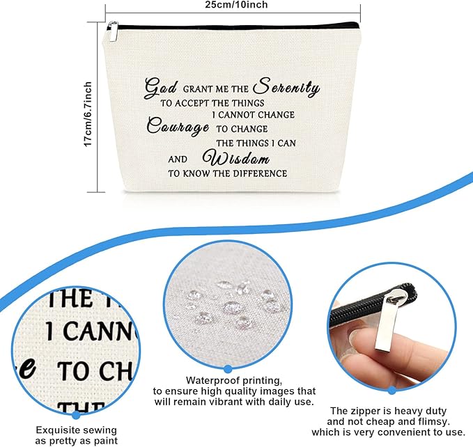 Christian Makeup Bag Serenity Prayer Gift Inspirational Gift for Women Cosmetic Bag Sobriety Addiction Recovery AA Gifts Religious Encouragement Motivational Gifts for Her Travel Toiletry Pouch