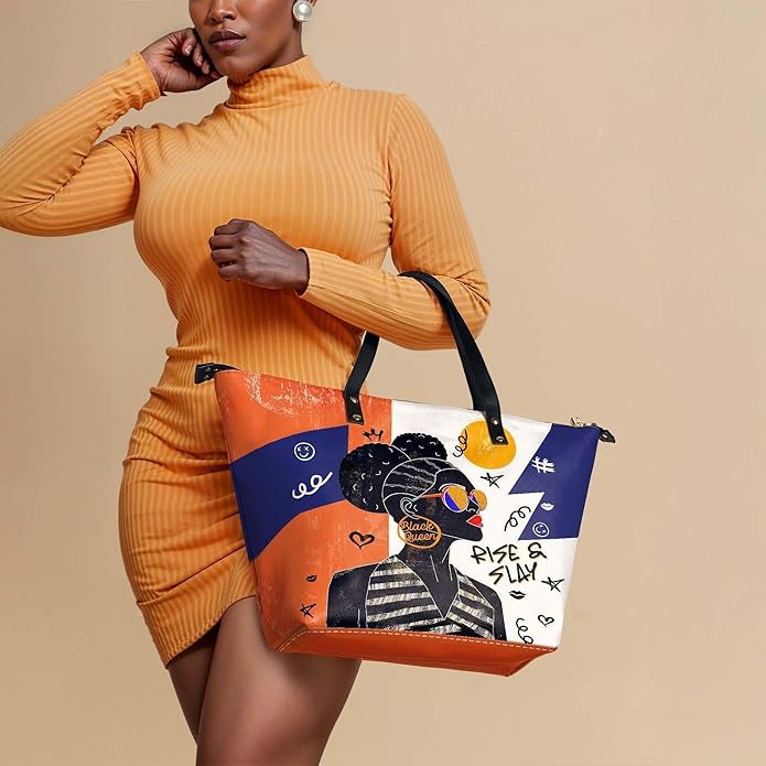African Black Women's Leather Tote Bag, Large, Premium Vegan Leather, Full Zip, Perfect Christmas Gifts For Women