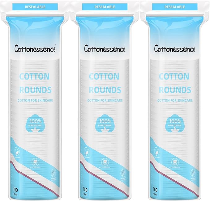 Cotton Rounds for Facial Cleansing and Nail Polish Removal - 100% Pure Cotton, Hypoallergenic Makeup Remover Pads, Lint-Free Multi-Layer Design (100 Count, Pack of 3)