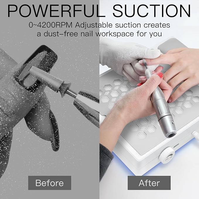 Madenia Powerful Nail Dust Collector - Brushless Quiet Vacuum Suction Fan Extractor with Hand Pillow 2 Filters 1 Brush, Nail Dust Cleaner Machine for Acrylic Gel Nail Polishing Nail Tech Use, White