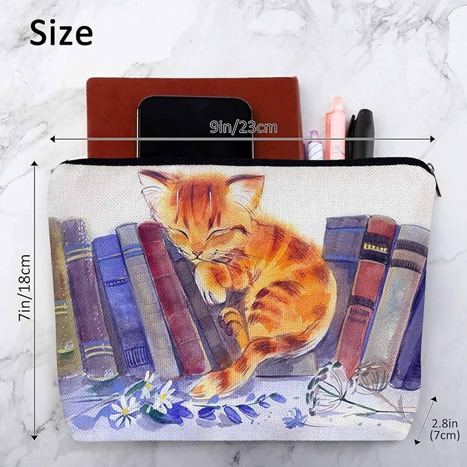 Cat Cosmetic Travel Bag For Toiletries, Funny Cat Kitten Sleep Floral Library Bookshelf Makeup Bag Toiletry Bags For Women, Flax Cosmetic Bags Make Up Bag Purse Toiletries Bag Birthday Gift