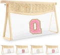Small Boho Straw Initial Letter Makeup Bag Personalized Gift ,Cute Clear Chenille Patch Makeup Bag With Zipper,Trendy TSA Approved Travel Toiletry Bag,Gift for Women Girls Birthday Friend, Letter Q