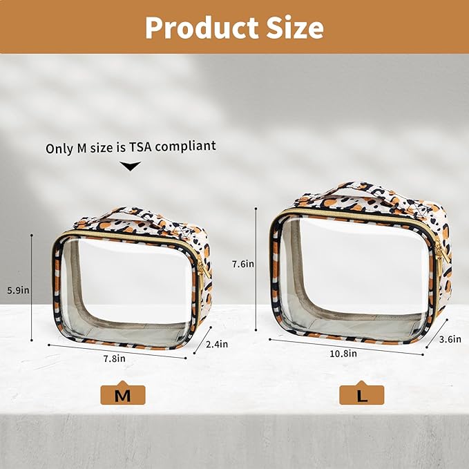 TSA Approved Travel Toiletry Bag,2 Pack Clear Makeup Bags with Handles,Quart Size Clear Cosmetic Bags for Traveling Women,Men,Carry on Airport Airline Compliant Bag,Leopard