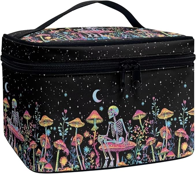 Colorful Mushroom Skull Floral Pattern Travel Makeup Bag for Women Large Capacity Cosmetic Bag with Zipper and Handle Portable Toiletry Bag Make Up Organizers