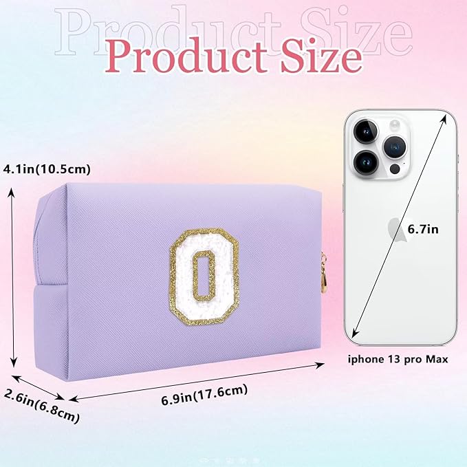 Small Personalized Letter Makeup Bag, Cute PU Leather Chenille Letters Cosmetic Bag Travel Makeup Pouch, Preppy Travel Organizer Zipper Pouch for Women&Girls（Purple-O）