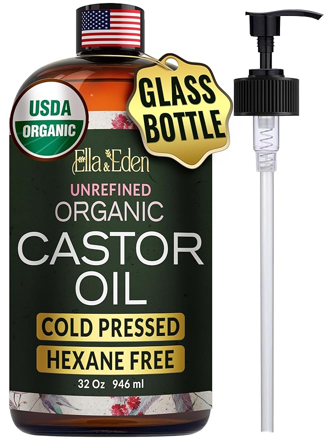 Ella & Eden Organic Castor Oil | Big 32oz Glass Bottle | Cold-Pressed, Hexane-Free, USDA Certified, Unrefined & 100% Pure - for Hair Growth