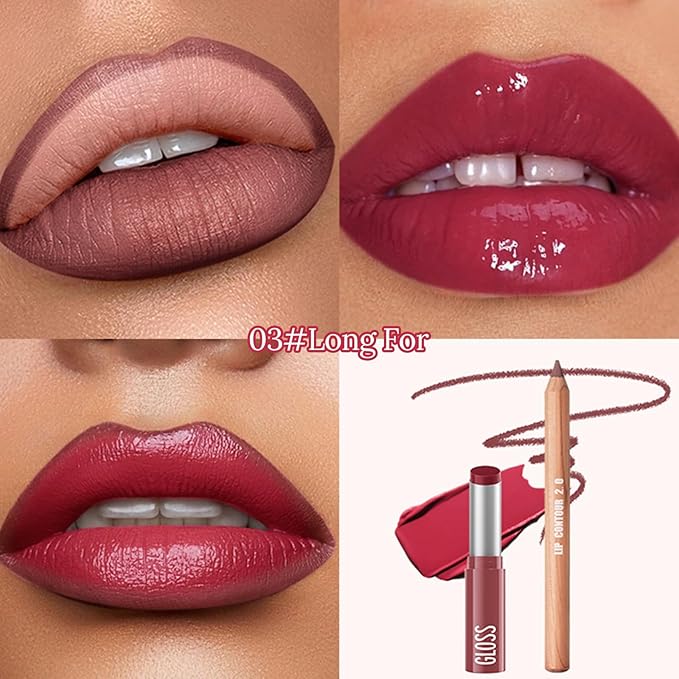 Erinde 2pcs Lip Liner and Lipstick Combo Set, Matte Lipliner Pencil & Hydrating Lip Gloss Makeup Kits for Women, Waterproof, Long Lasting, Highly Pigmented, Nude Brown Natural Lipstick, 03
