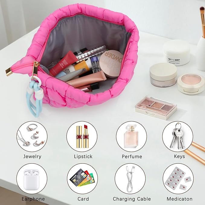 DOB SECHS Puffer Quilted Makeup Bag with Handle, Cute Puffy Cotton Cosmetic Bags for Women, Checkered Toiletry Zipper Pouch, Travel Essentials Storage Organizer Clutch Pouches Pencil Case, Hot Pink
