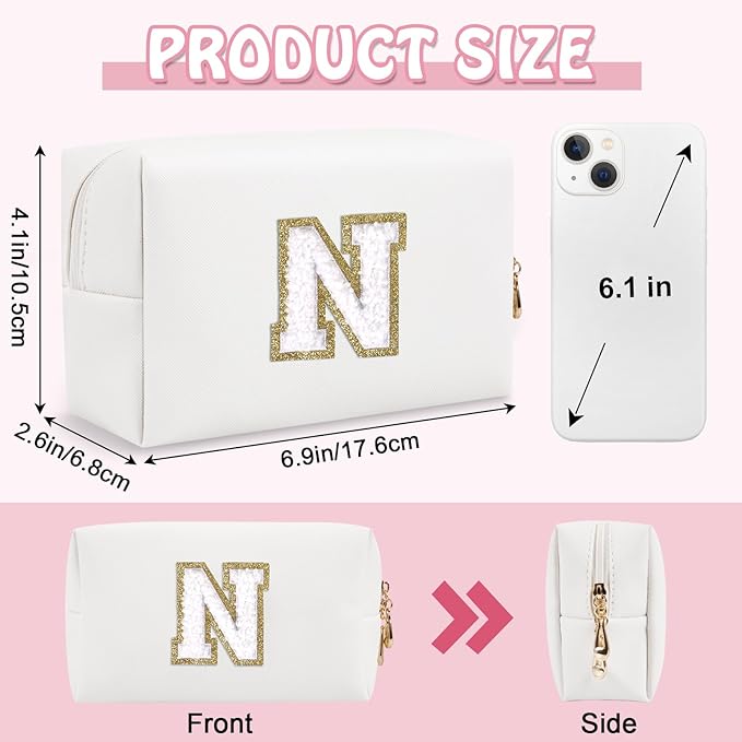 Chenille Letter Personalized Initial Preppy Makeup Bag, Small Travel Cute White Cosmetic Zipper Pouch Toiletry Bags, Waterproof PU Monogram Make Up Organizer Gift for Nieces Mom Teacher(Letter N)