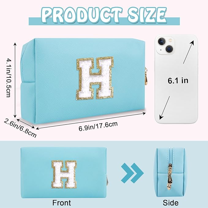 Personalized Chenille Letter Preppy Makeup Bag, Small Initial Blue Cosmetic Bag Travel Toiletry Zipper Pouch Monogram Makeup Storage, Waterproof PU Make Up Case Travel Essentials for Women(Letter H)