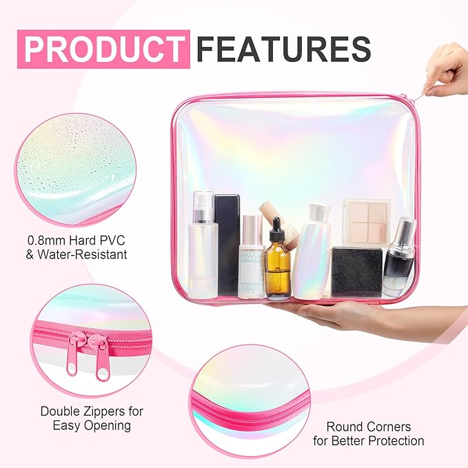 Sanwuta 6 Pcs Clear Hard Zipper Case Hard Plastic Zipper Pouches Makeup Bag Pencil Pouches Transparent Cases for Snacks Plastic Storage Organizer Box for Travel(Holographic,13.78 x 11.81 x 2 Inch)