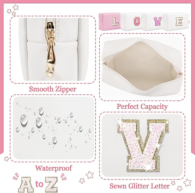 Personalized Initial Patch Makeup Bag, Preppy Glitter Letter Makeup Organizer, Cute Monogrammed Pouch Cosmetic Bag PU Leather Waterproof Travel Toiletry Bag, Gift for Women Teen Girls(Letter V)