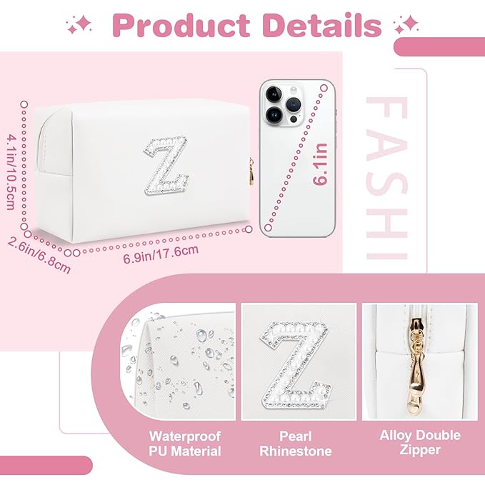Bride Gifts – Personalized Initial Makeup Bag with Pearl Rhinestone Patch, Preppy White Monogram Cosmetic/Toiletry Pouch, bridesmaid Gifts, Bridal Shower Gifts, Wedding Gifts, Bridal Gifts,Z