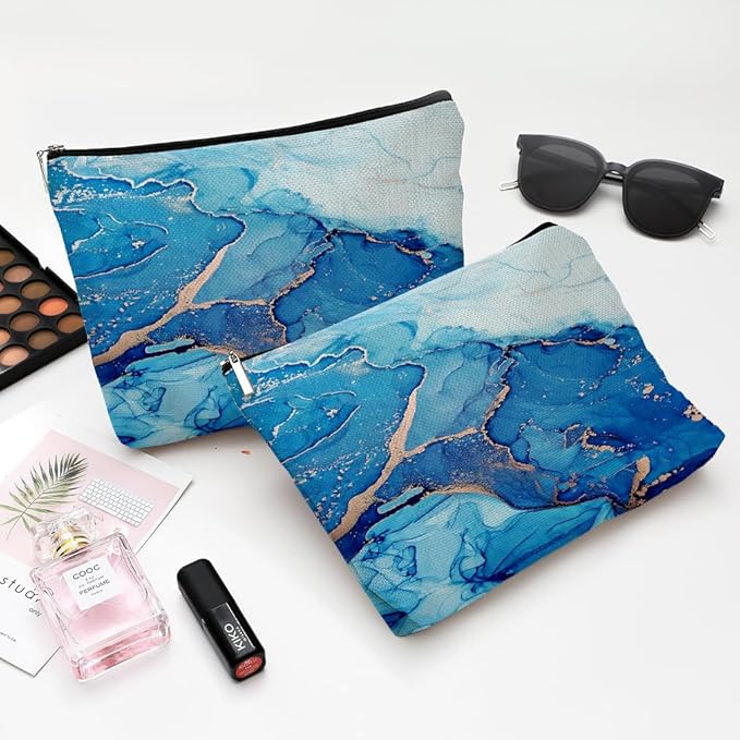 Small Makeup Bag for Purse Cute Canvas Waterproof Cosmetic Bags for Women Zipper Travel Toiletry Pouch-Blue Marble Makeup Bags