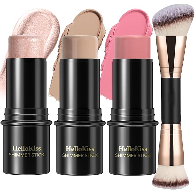 3 Pcs Cream Contour Stick Makeup Kit, Shades with Highlighter, Blush and Bronzer Contour Stick for Sculpt the Cheeks, Waterproof, Matte & Dewy Finish (Universal,#03+#08+#13)